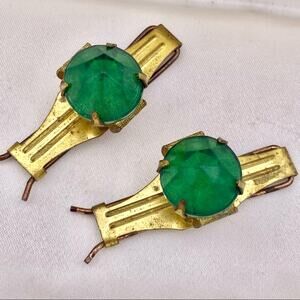 Retro Emerald Green Plastic Jewel Vintage Pair of Hair Barrettes